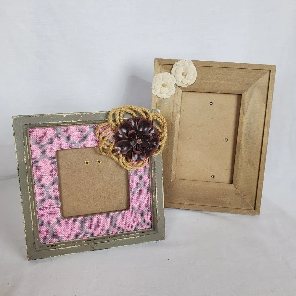 Lot of 2 floral decor wood BoHo photo frames rustic Natural Whimsicle